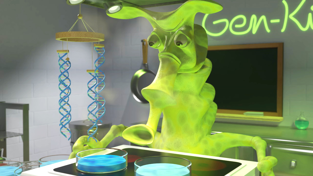 Ein grüner, cartoonartiger Alien steht in einem Labor mit DNA-Doppelhelix-Modellen im Hintergrund.