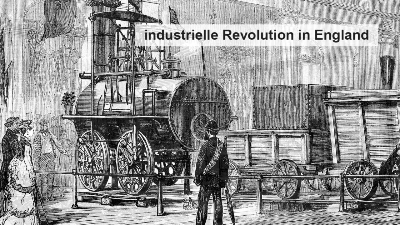 Historische Darstellung einer Dampflokomotive aus der industriellen Revolution in England.
