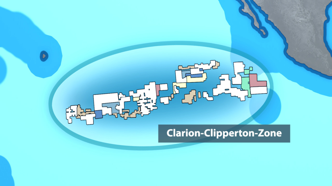Karte der Clarion-Clipperton-Zone im Pazifischen Ozean, mit verschiedenen farbigen Zonen markiert.
