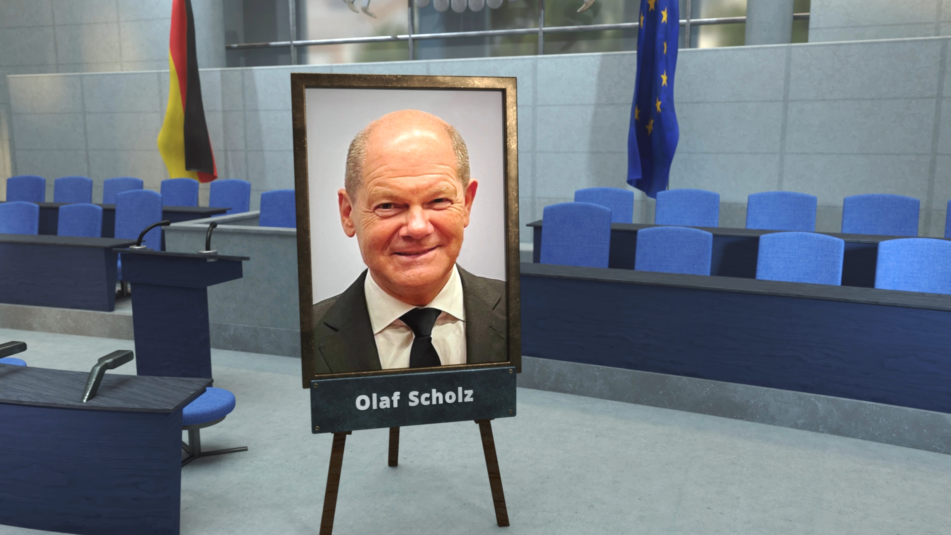 Porträt von Olaf Scholz in einem Rahmen, auf einem Ständer im Bundestag.
