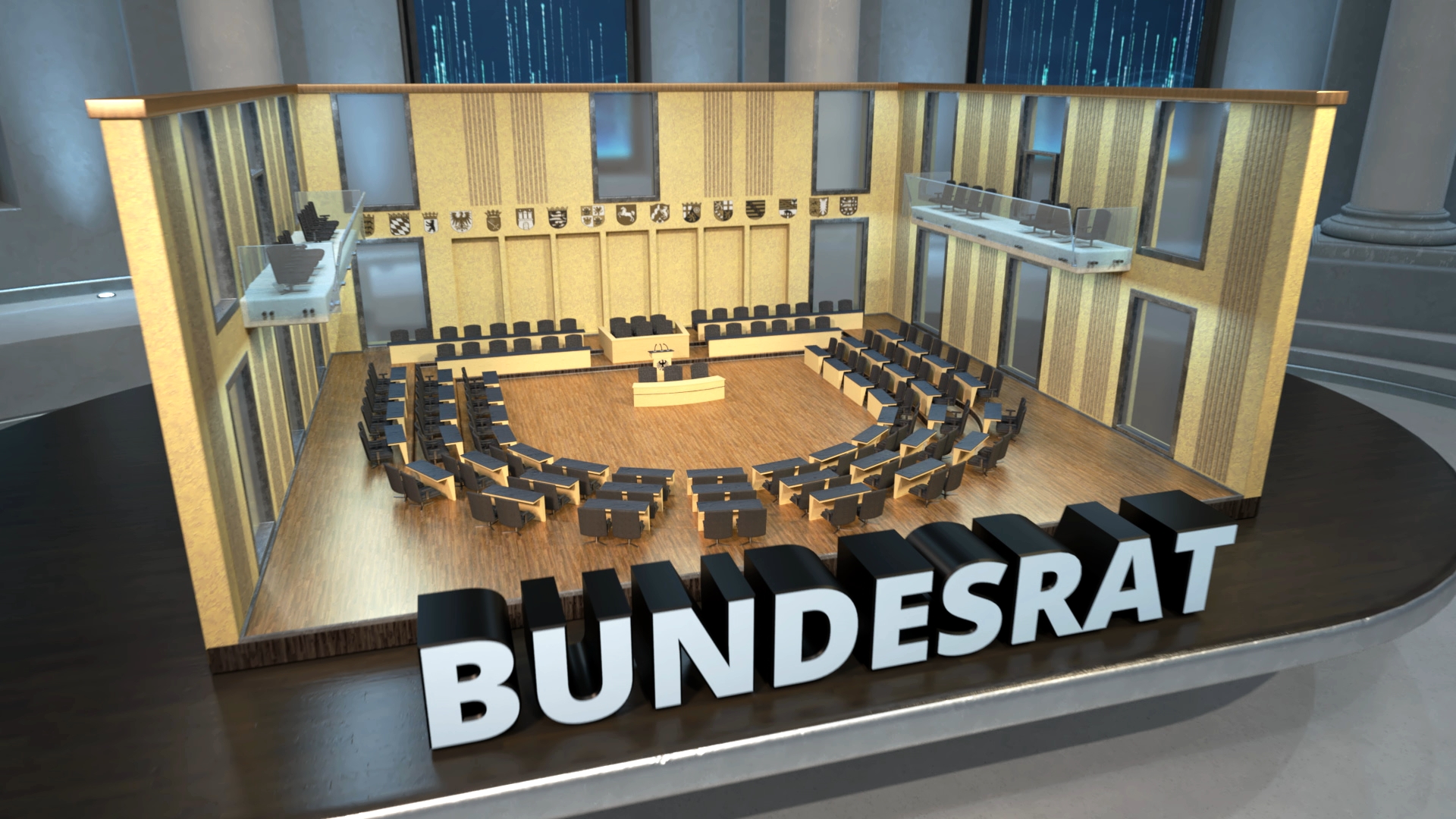 3D-Modell des Bundesrats mit Sitzplätzen und Rednerpult.