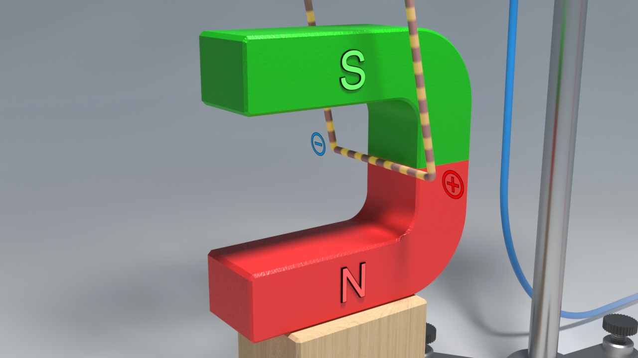 Ein U-förmiger Magnet mit grüner Süd- und roter Nordseite, auf einem Holzblock platziert, zeigt magnetische Pole.