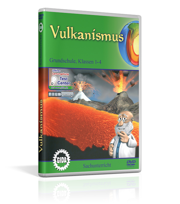 DVD-Cover zum Filmpaket Vulkanismus für Grundschulen, zeigt einen Vulkan mit Lava und Explosionen im Hintergrund.