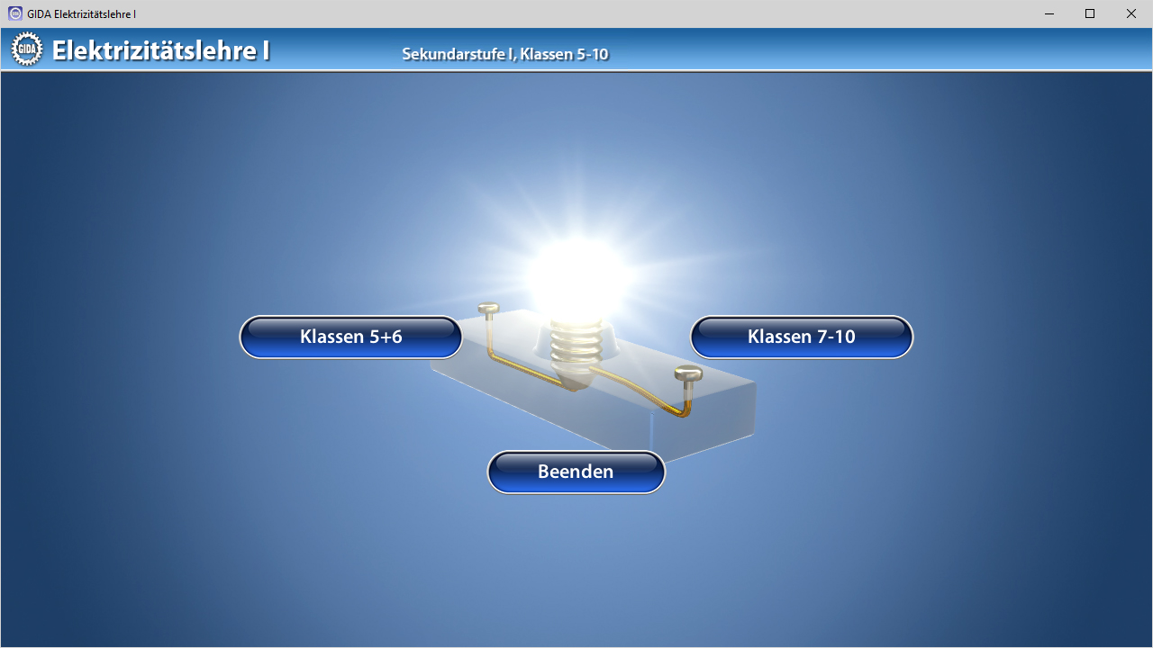 Menü der Software "Elektrizitätslehre I".