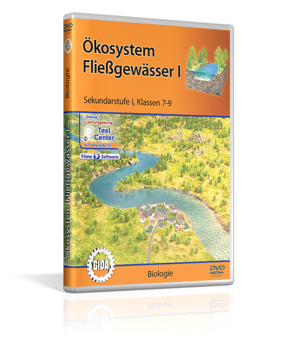 DVD-Cover mit dem Titel 'Ökosystem Fließgewässer Eins' für Sekundarstufe I. Es zeigt einen Fluss in einer Landschaft.