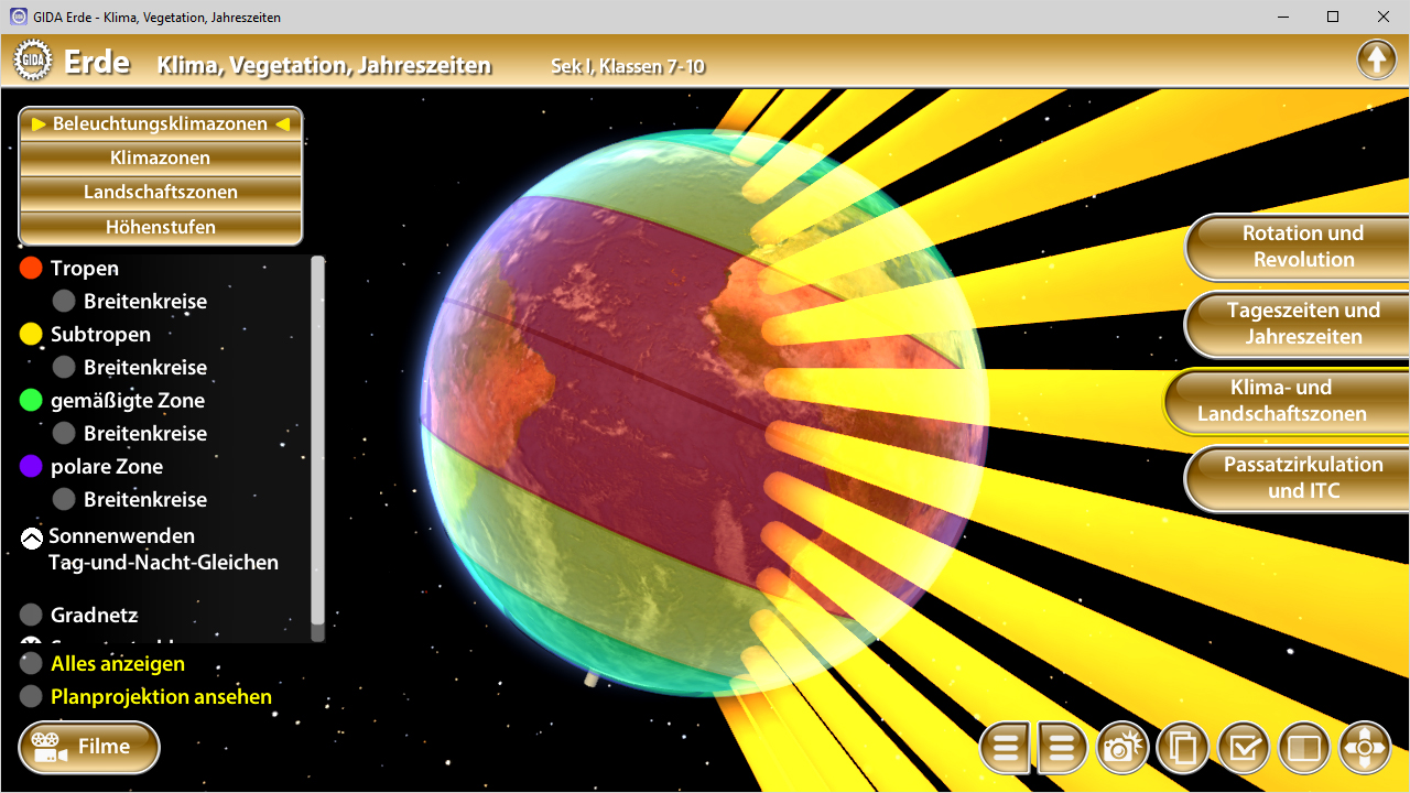 Interaktive Darstellung der Erde mit Klimazonen, Vegetation und Jahreszeiten, einschließlich Tropen und Subtropen.