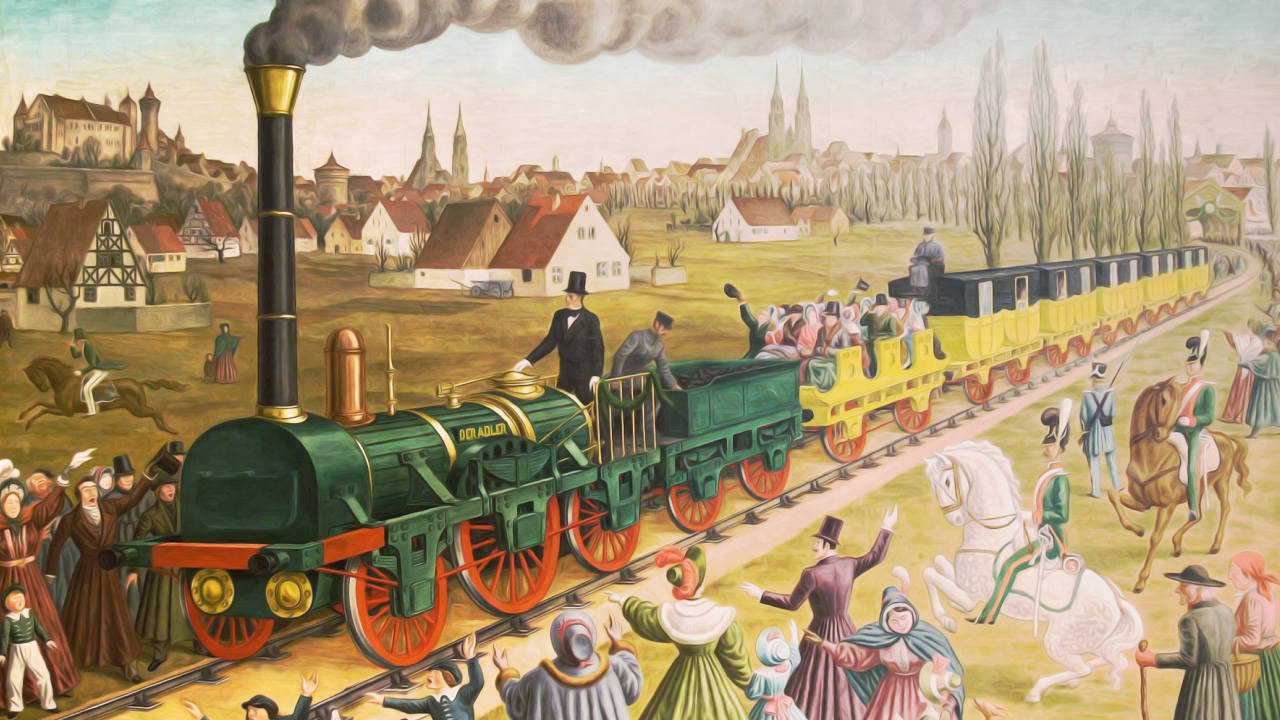 Historisches Gemälde einer Dampflok mit Passagieren, die an einer ländlichen Kulisse vorbeifährt, umgeben von Menschen in historischen Kleidern.