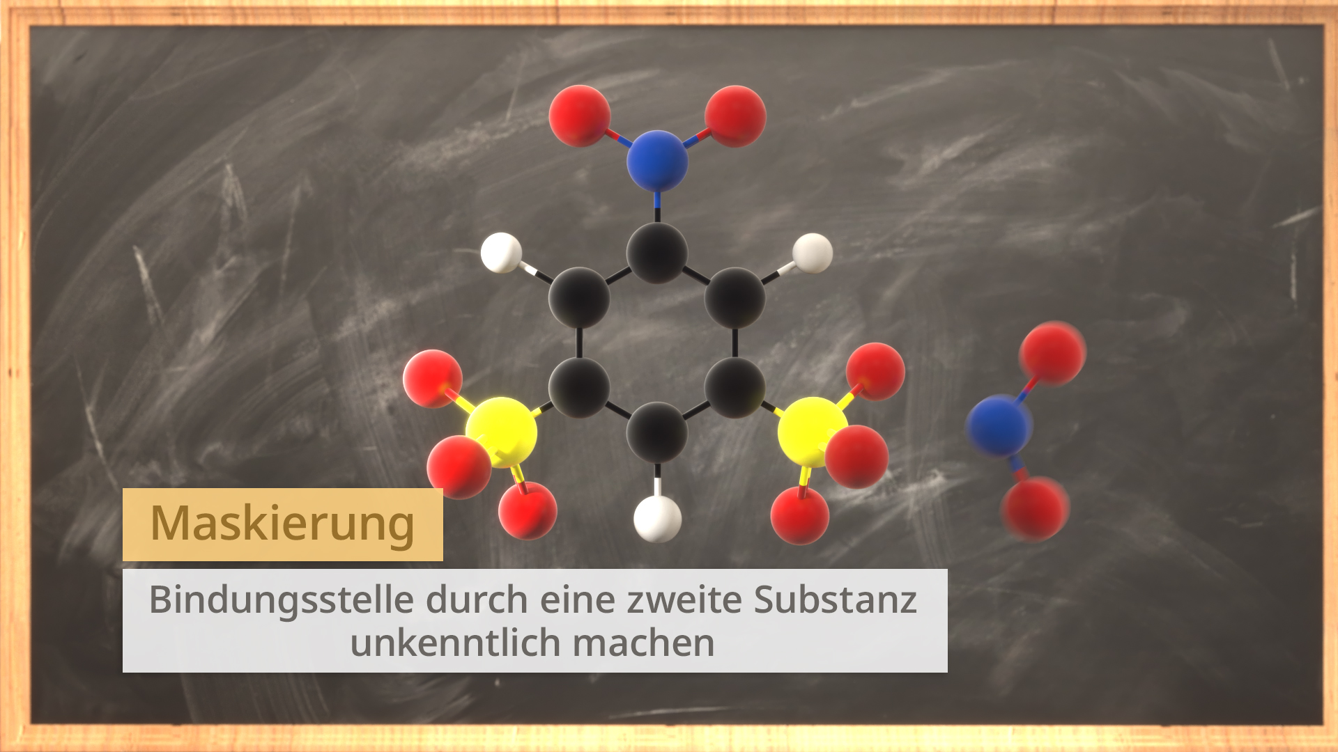 Molekülmodell mit verschiedenen farbigen Atomen, beschriftet mit 'Maskierung' und Erklärung zur Bindungsstelle.