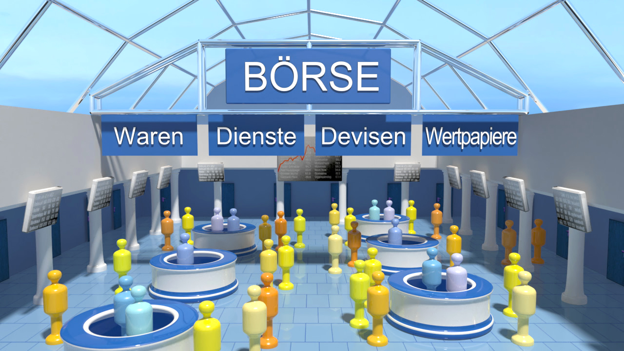 Grafik eines Börsenszenarios mit stilisierten Figuren in verschiedenen Farben, die um Handelsstände gruppiert sind. Über den Ständen stehen die Begriffe 'Waren', 'Dienste', 'Devisen' und 'Wertpapiere'.