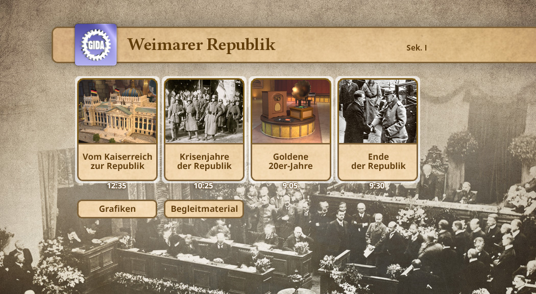 Menü zur Weimarer Republik mit vier Themen: Vom Kaiserreich zur Republik, Krisenjahre der Republik, Goldene 20er-Jahre, Ende der Republik.