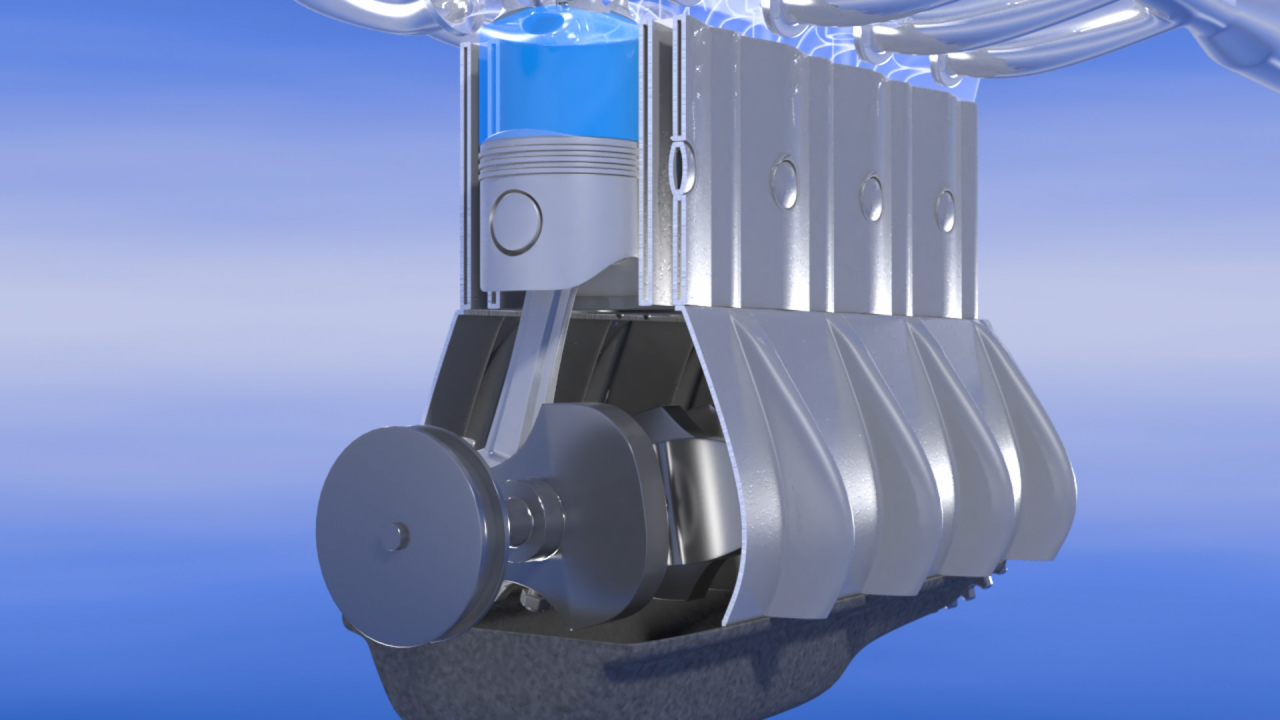 3D-Darstellung eines V6-Motors mit sichtbarem Kolben und Kurbelwelle.