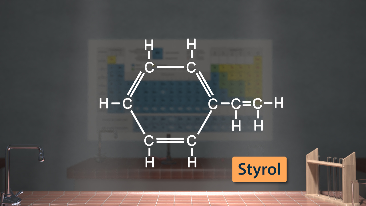 Chemische Strukturformel von Styrol, dargestellt als Hexagon mit Wasserstoff- und Kohlenstoffatomen.