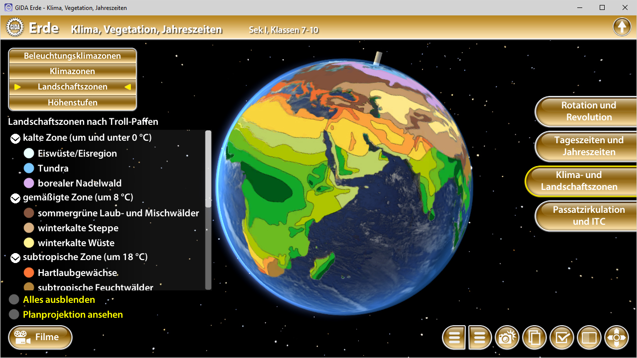 Interaktive 3D-Darstellung der Erde mit Klimazonen und Vegetation, zeigt verschiedene Landschaftszonen und deren Merkmale.