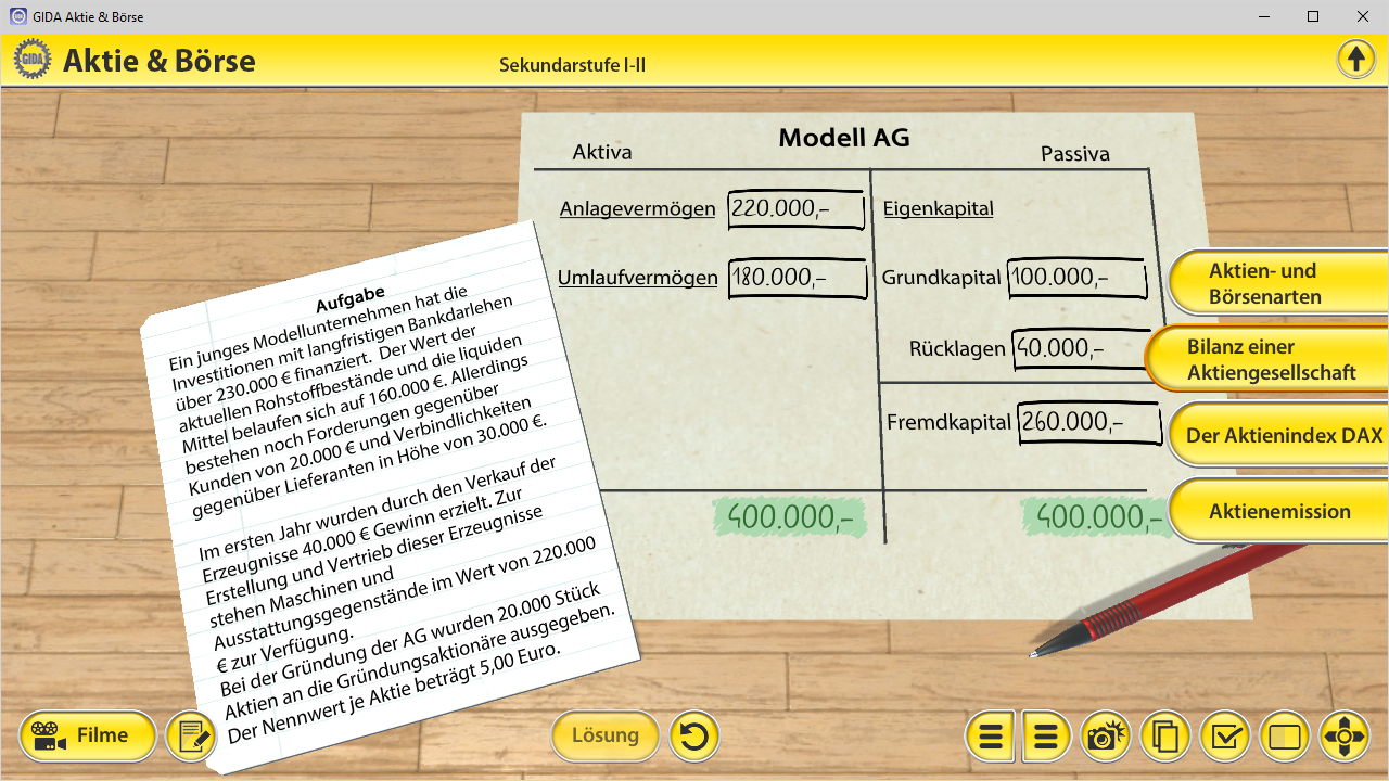 Tabelle zur Bilanz der Modell AG mit Aktiva und Passiva, einschließlich Anlagevermögen, Umlaufvermögen, Eigenkapital und Rücklagen.