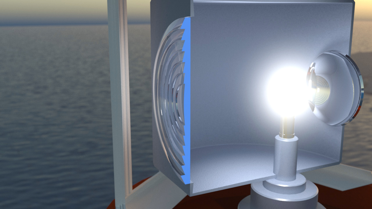 Nahaufnahme eines Leuchtturms mit einer leuchtenden Lampe und reflektierenden Linsen.