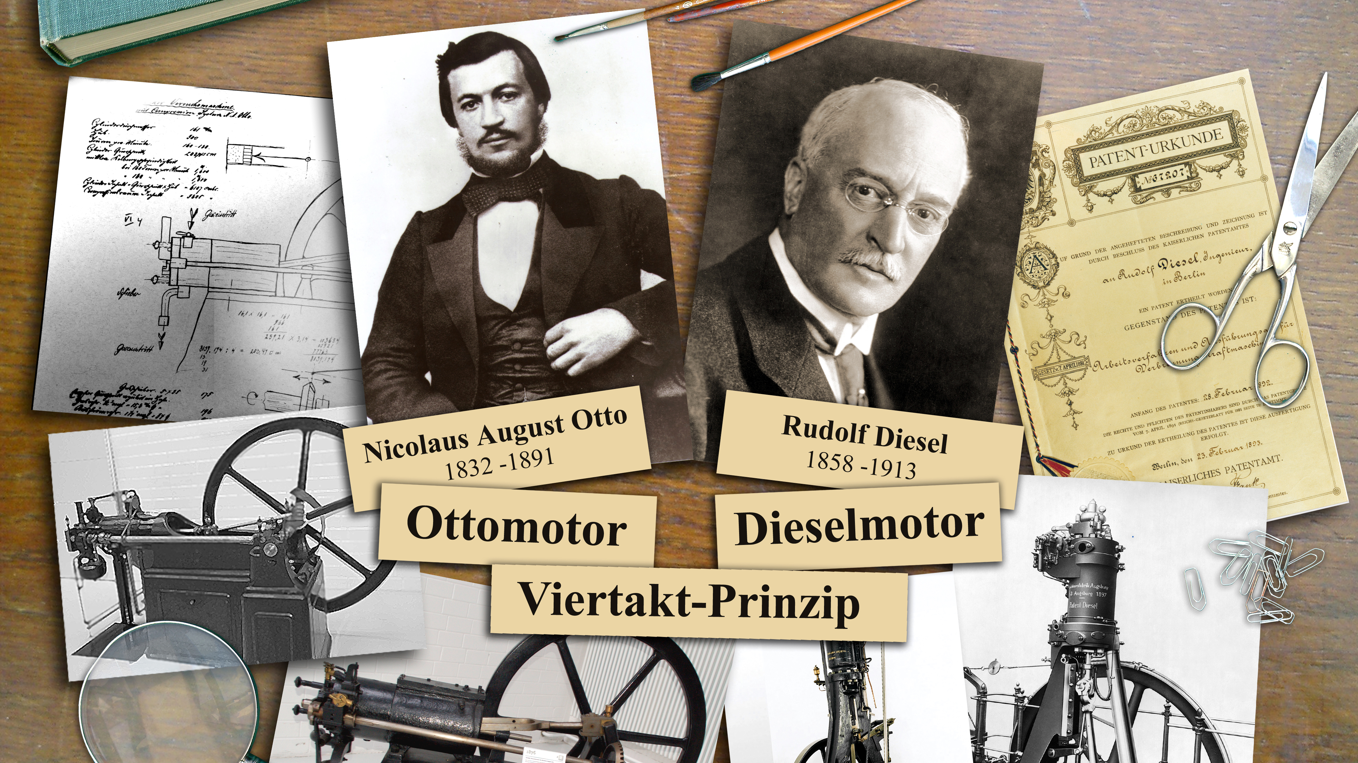 Porträts von Nikolaus August Otto und Rudolf Diesel, umgeben von Bildern von Ottomotor und Dieselmotor sowie technischen Zeichnungen.