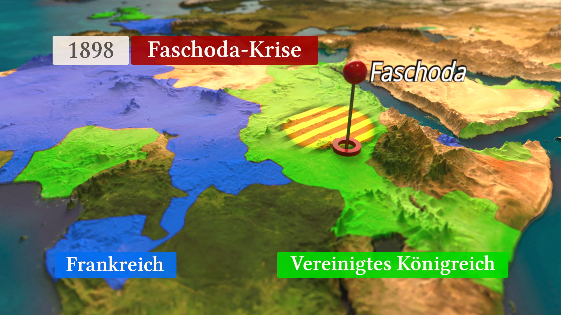Karte der Faschoda-Krise von 1898, zeigt die Gebietsansprüche von Frankreich und dem Vereinigten Königreich.