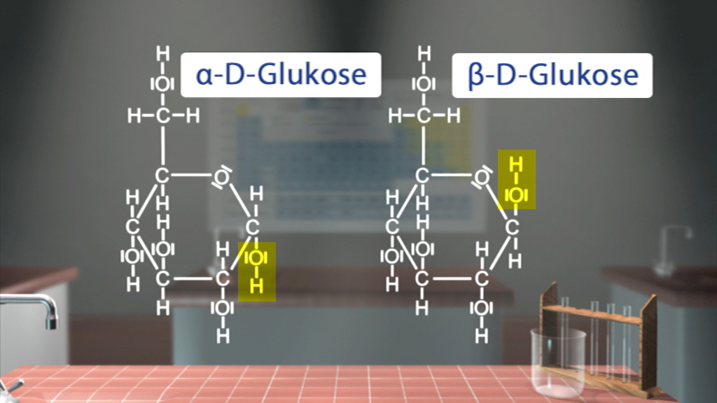 Strukturformeln von α-D-Glukose und β-D-Glukose mit hervorgehobenen Hydroxylgruppen.