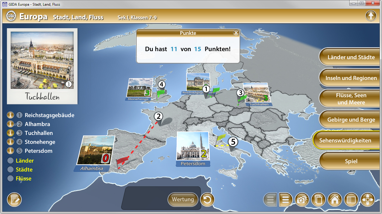Karte von Europa mit Städten und Flüssen, Punktestand 11 von 15, Spielansicht für Stadt-Land-Fluss.
