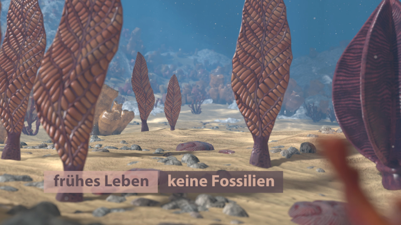 3D-Darstellung einer Unterwasserlandschaft mit pflanzenähnlichen Strukturen, Text: 'frühes Leben' und 'keine Fossilien'