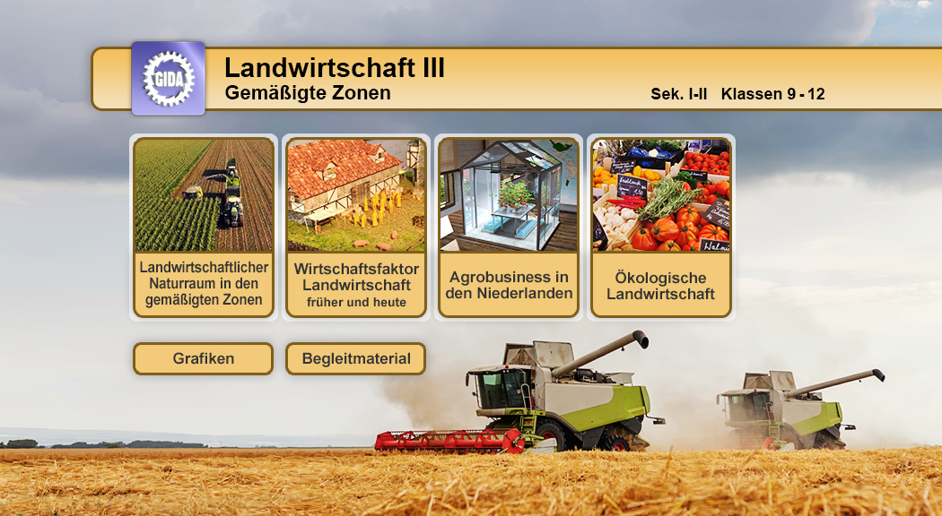 Infografik über Landwirtschaft in gemäßigten Zonen, zeigt Themen wie landwirtschaftlicher Naturraum, Wirtschaftsfaktoren, Agrarwirtschaft in den Niederlanden und ökologische Landwirtschaft.