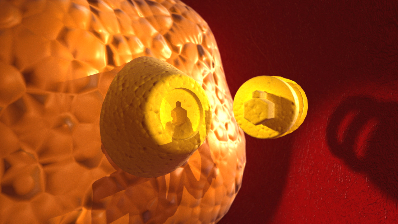 Eine stilisierte Darstellung von Zellen mit einer goldenen Buddha-Figur und einem Würfel in ihrem Inneren.