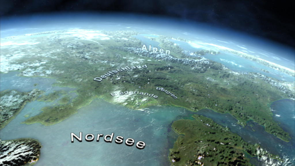 Karte von Deutschland und Umgebung mit den Alpen und der Nordsee, aus der Vogelperspektive.