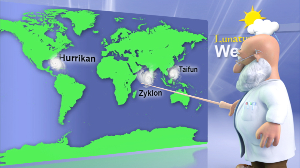 Weltkarte mit Wetterphänomenen: Hurrikan, Zyklon, Taifun, dargestellt von einem Cartoon-Wetterexperten.