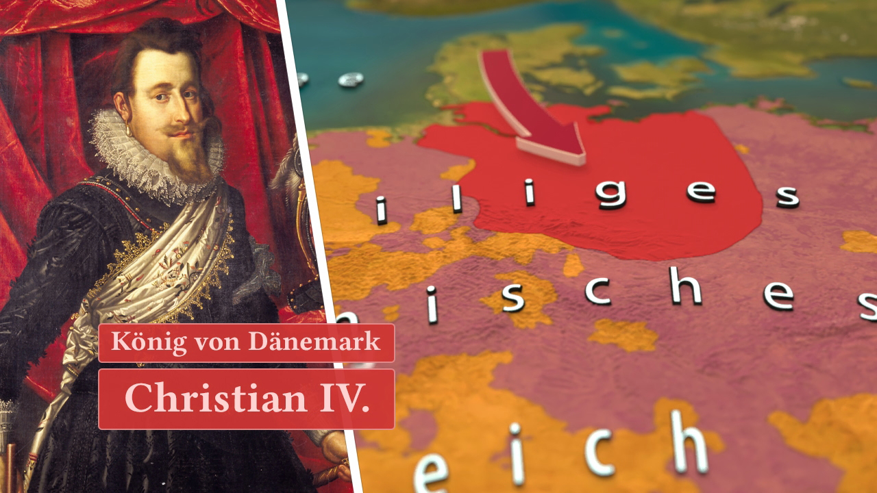 Porträt von Christian IV., König von Dänemark, neben einer Karte mit dem markierten Gebiet 'Heiliges Römisches Reich'.