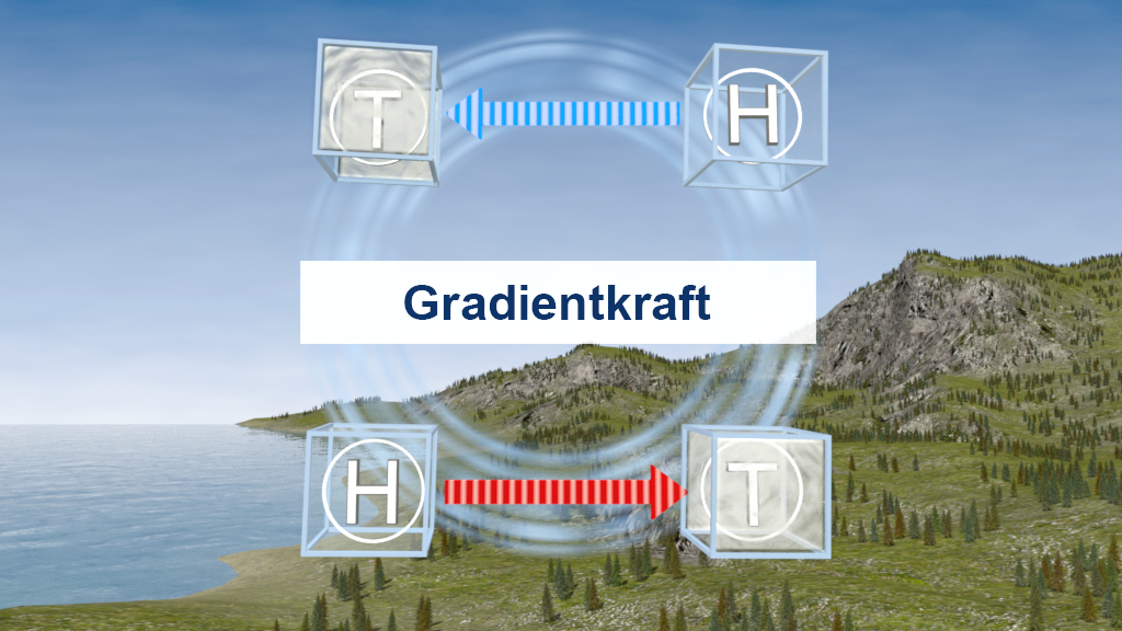 Grafik, die die Gradientenkräfte zwischen zwei Elementen zeigt, mit blauen und roten Pfeilen, die die Richtung anzeigen.