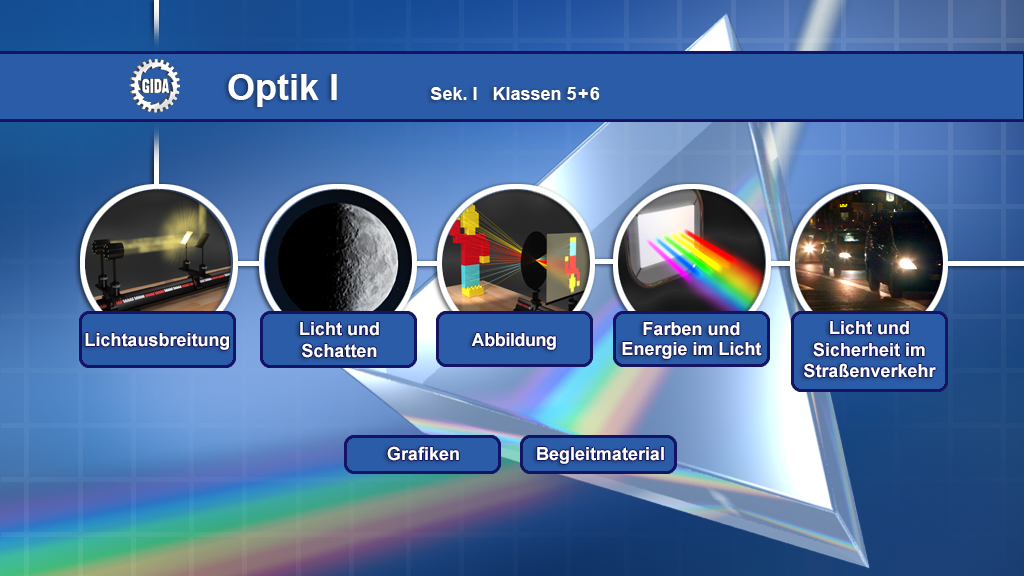 Menü des Films "Optik I – Licht & Schatten, Abbildung, Farben".