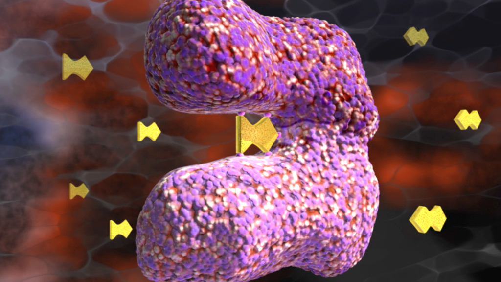 3D-Darstellung eines Moleküls mit lila und goldenen Elementen, umgeben von einer unscharfen Hintergrundstruktur.