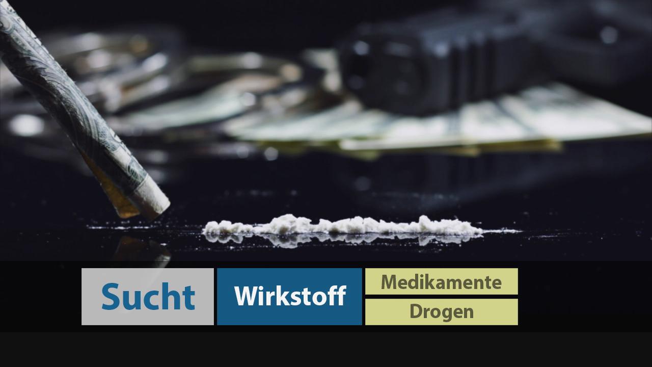 Ein Drogenkonsum-Szenario mit einer Linie weißem Pulver, einer Zigarette und Geldscheinen im Hintergrund.