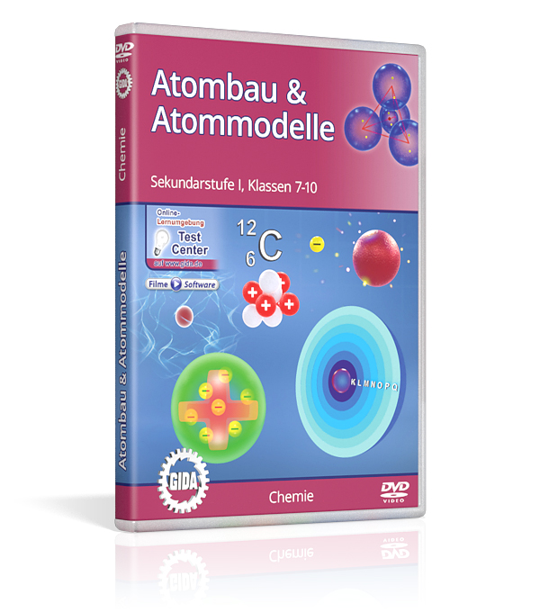 DVD-Cover für 'Atombau & Atommodelle' mit chemischen Symbolen und Atommodellen, geeignet für Schüler der Klassen 7-10.