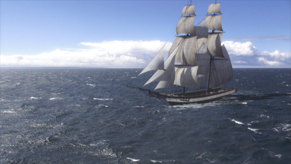 Ein historisches Segelschiff mit weißen Segeln fährt über das offene Meer unter einem klaren Himmel.
