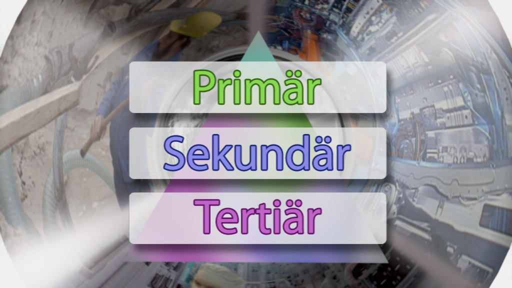 Dreieckige Grafik mit den Begriffen 'Primär', 'Sekundär' und 'Tertiär' in verschiedenen Farben.