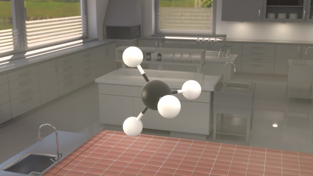 3D-Darstellung eines Moleküls mit einem schwarzen Atom in der Mitte und drei weißen Atomen, im Hintergrund eine moderne Küche.