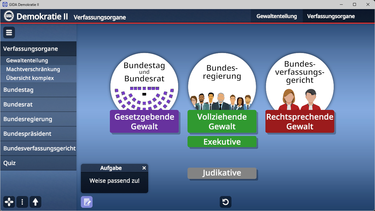 Diagramm zur Gewaltenteilung in Deutschland mit den drei Gewalten: Gesetzgebende Gewalt (Bundestag und Bundesrat), Vollziehende Gewalt (Bundesregierung) und Rechtsprechende Gewalt (Bundesverfassungsgericht)