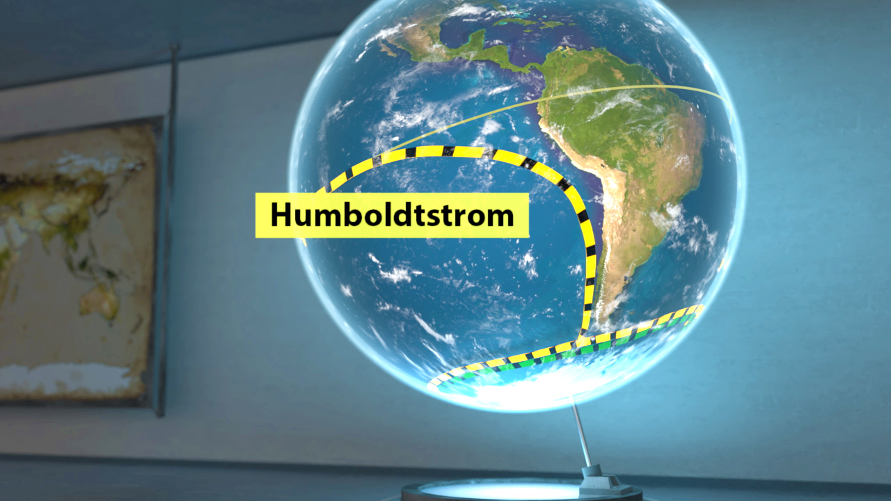 3D-Globus mit hervorgehobenem Humboldtstrom, der entlang der Westküste Südamerikas verläuft.