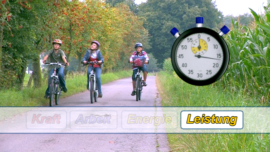 Drei Kinder fahren mit Fahrrädern auf einem Weg, neben einem Stoppuhr-Symbol. Text: 'Leistung'