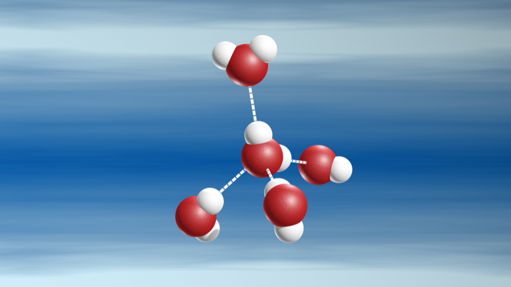 Molekülstruktur von Wasser mit roten Sauerstoff- und weißen Wasserstoffatomen, die durch Bindungen verbunden sind.