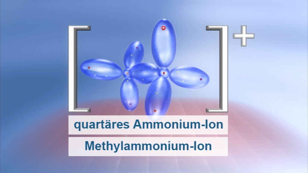 Darstellung eines quartären Ammonium-Ions mit Methylammonium-Ion, bläuliche Elektronendichteverteilung.