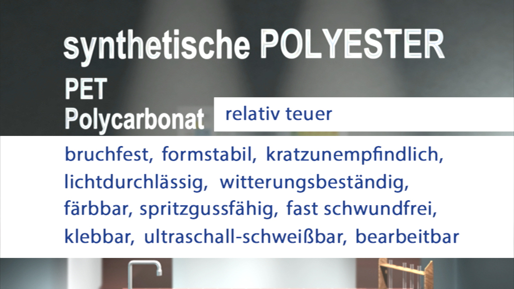 Text über synthetisches Polyester, einschließlich Eigenschaften wie bruchfest, formstabil und witterungsbeständig.