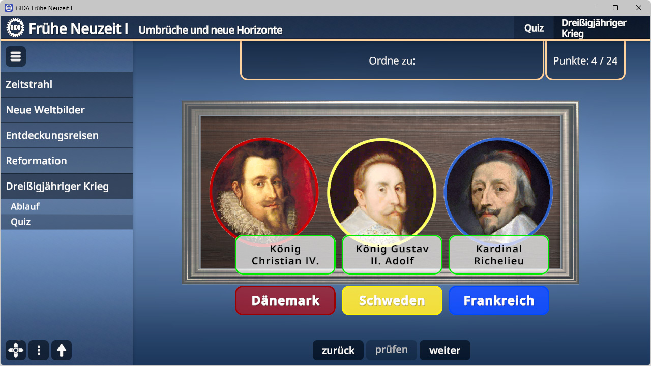 Drei Porträts in farbigen Kreisen mit den Namen König Christian IV., König Gustav II. Adolf und Kardinal Richelieu, darunter farbige Schaltflächen mit den Ländern Dänemark, Schweden und Frankreich.