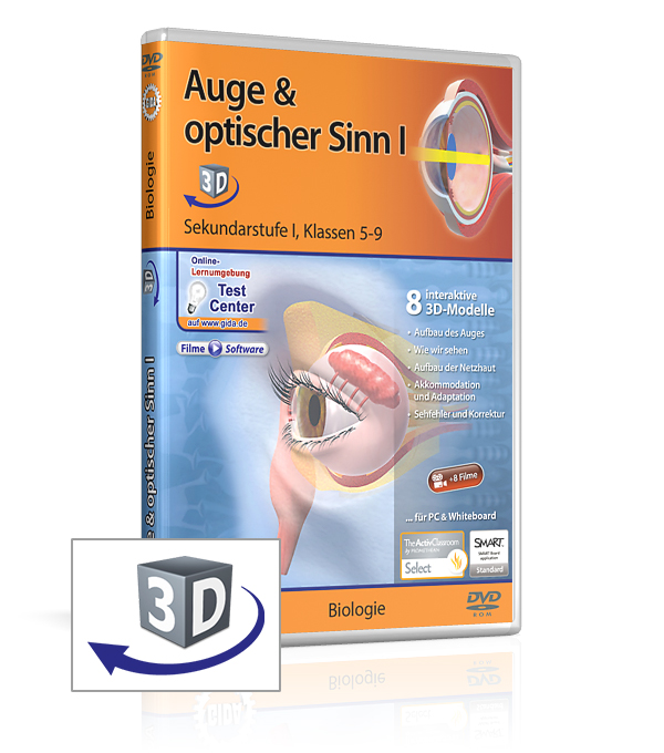 DVD-Cover für 'Auge & optischer Sinn I', mit 3D-Modellen für Biologie, geeignet für Klassen 5-9.
