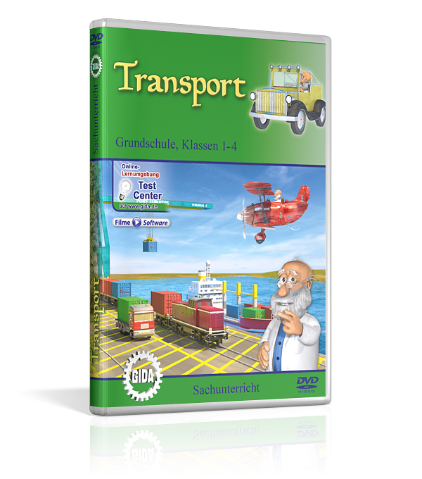DVD-Cover für 'Transport' mit einem Lkw, einem Flugzeug und einem älteren Mann. Für Grundschule, Klassen 1-4.