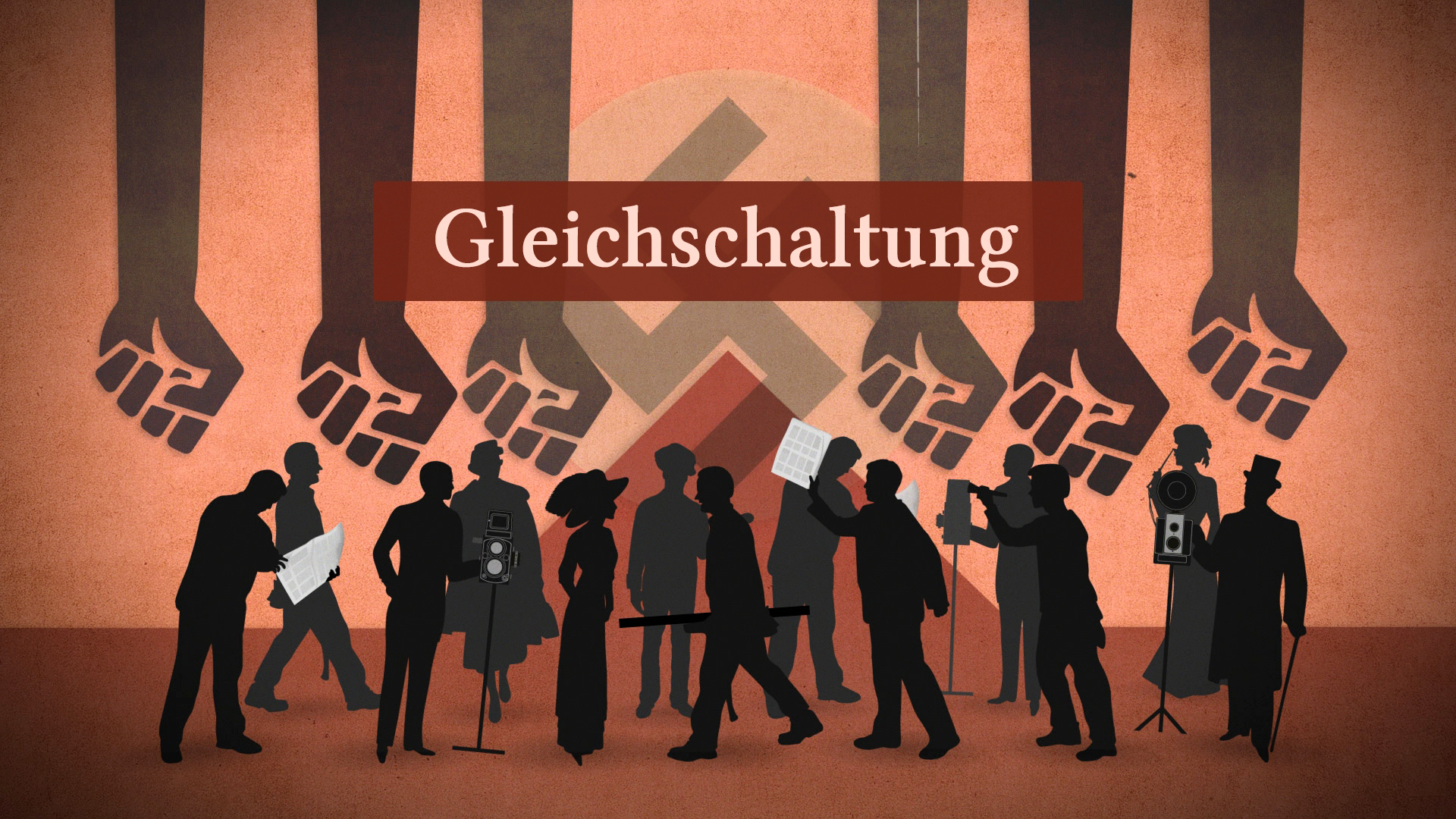 Silhouetten von Menschen, die verschiedene Berufe repräsentieren, unter dem Wort 'Gleichschaltung' und symbolischen Fäusten im Hintergrund.