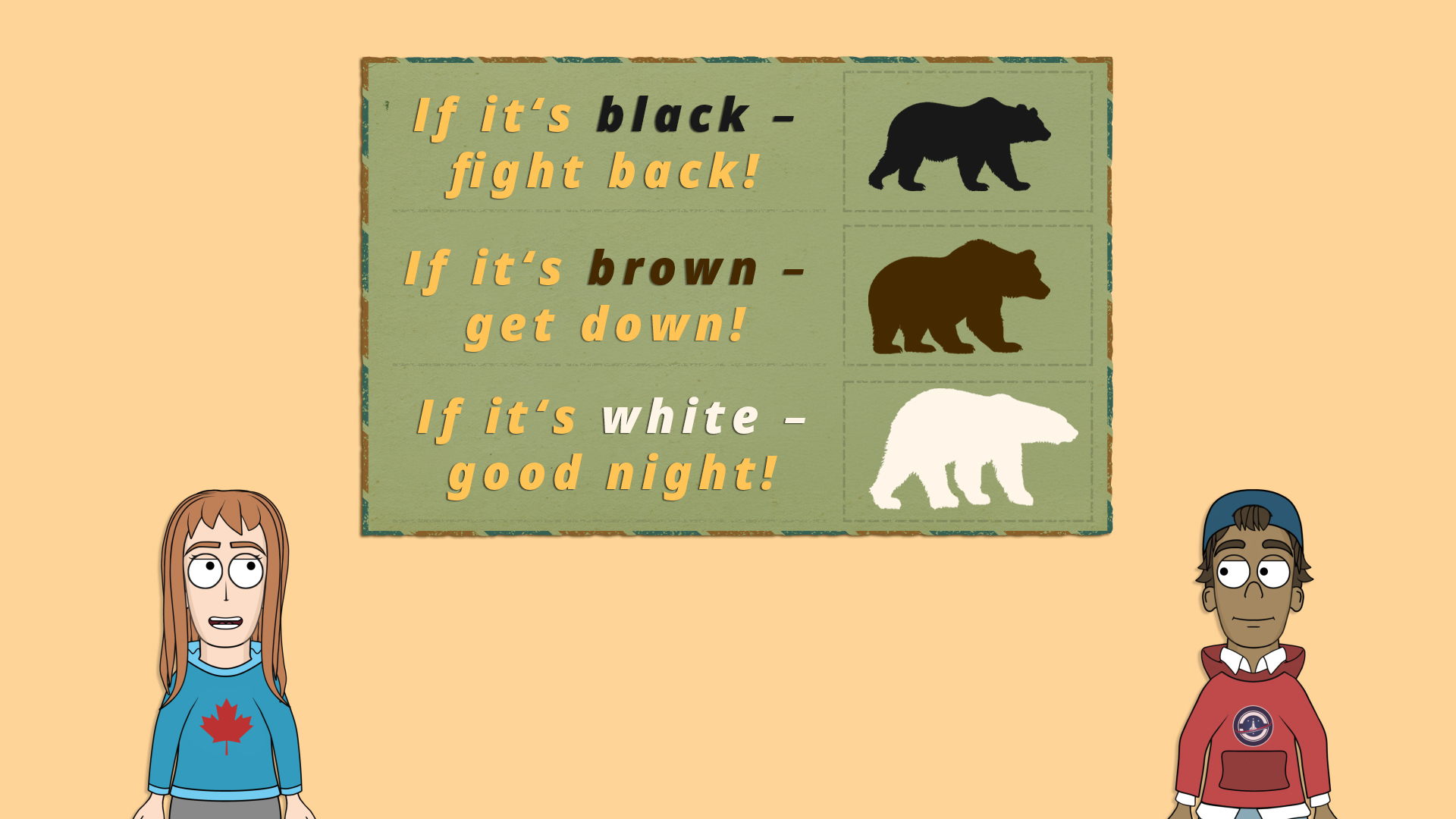 Ein Plakat mit drei Bären-Silhouetten: schwarzer Bär, brauner Bär und weißer Bär. Text: 'If it's black - fight back!', 'If it's brown - get down!', 'If it's white - good night!'. Zwei Personen – Clara und Troy – stehen davor.