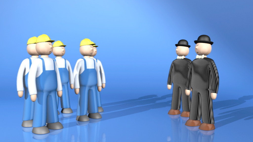 Zwei Gruppen von stilisierten Figuren: eine Gruppe in blauen Overalls und gelben Helmen, die andere in schwarzen Anzügen und Hüten.