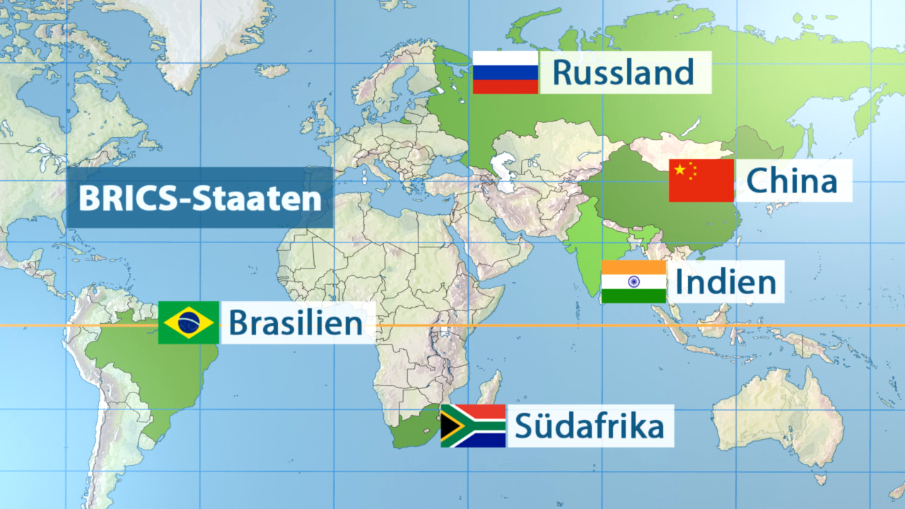 Weltkarte mit den BRICS-Staaten: Russland, China, Indien, Brasilien und Südafrika markiert.